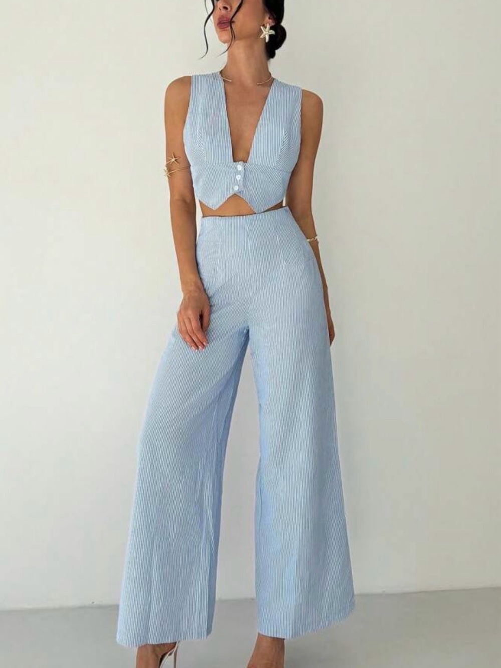MICAS Blue Stripe Tailored Waist top and pants set